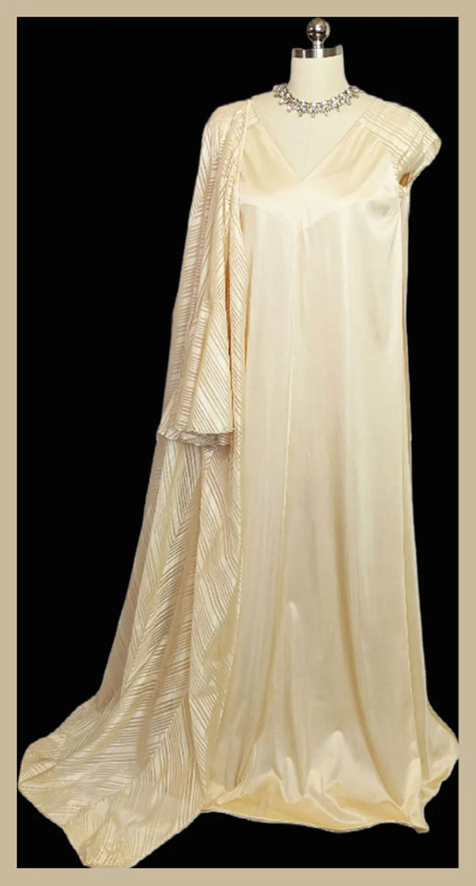 *  VINTAGE LE VOYS SOFT GOLD SHEER STRIPED PEIGNOIR AND NIGHTGOWN SET IN 18 KARAT GOLD