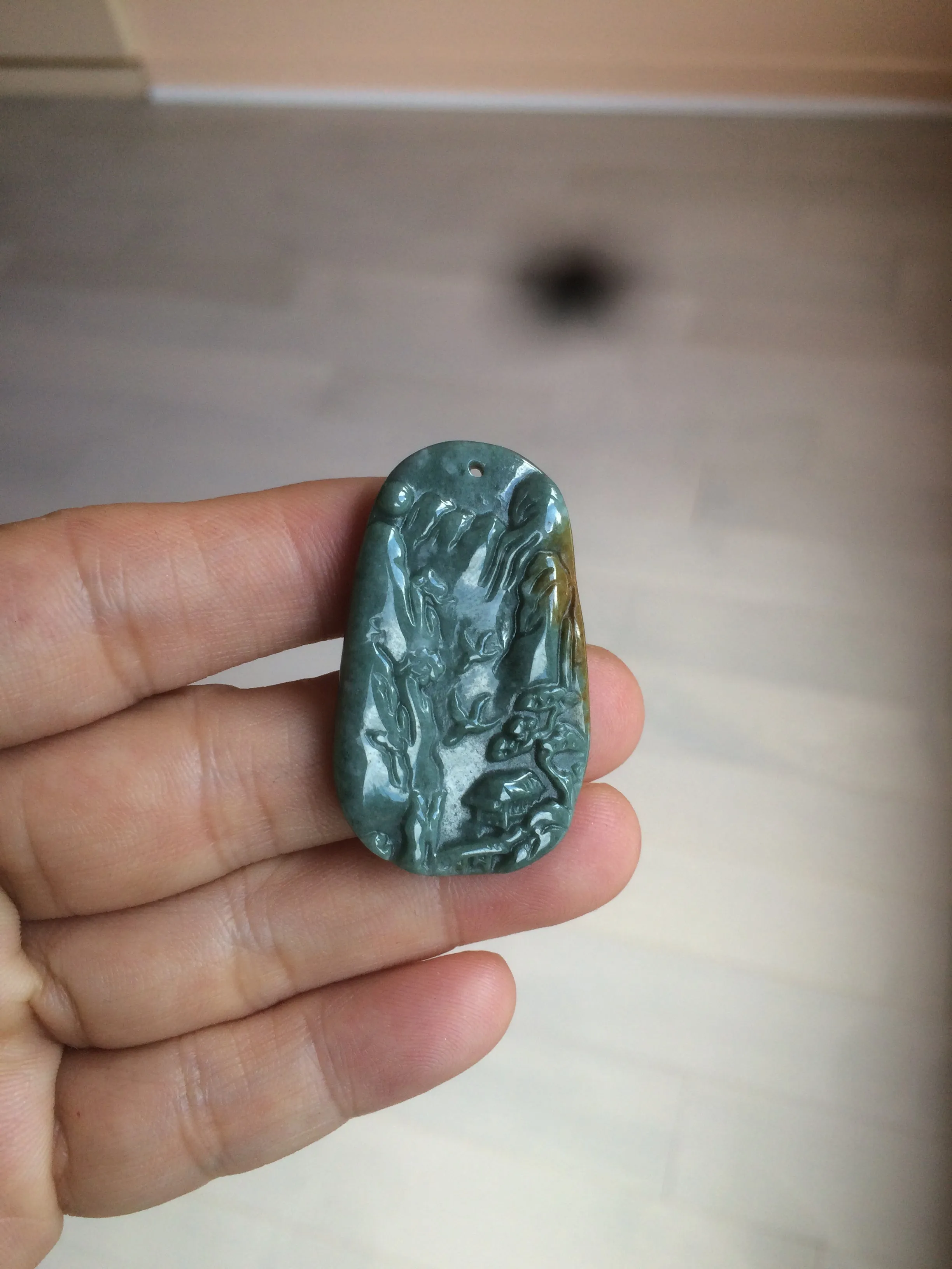 100% natural green/blue/gray/yellow Guatemala jadeite jade landscape(山水) pendant AQ74