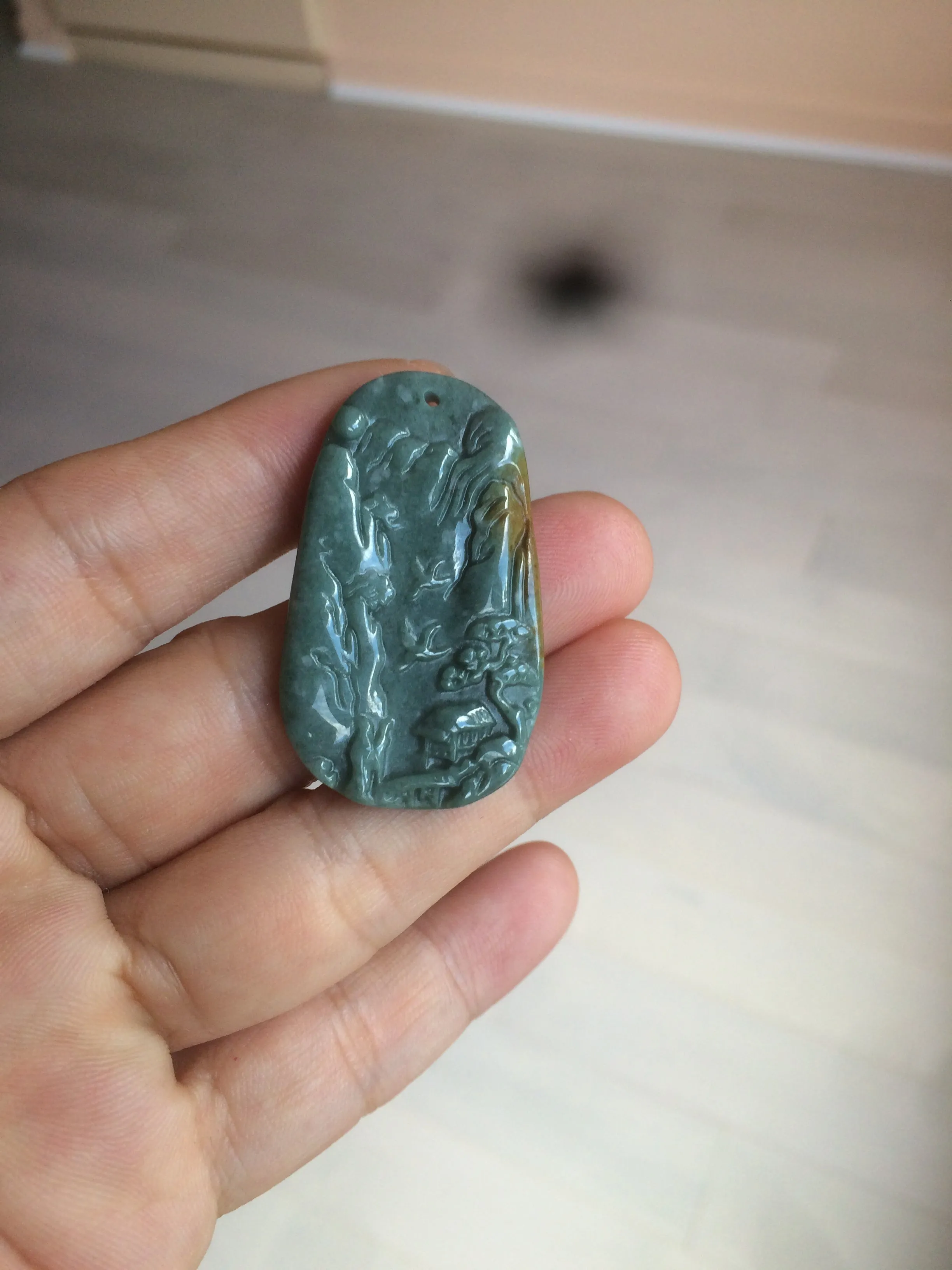 100% natural green/blue/gray/yellow Guatemala jadeite jade landscape(山水) pendant AQ74