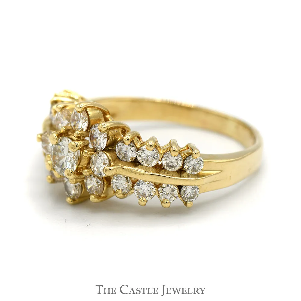 1.25cttw Flower Shaped Diamond Cluster Ring with Diamond Accented Sides in 14k Yellow Gold