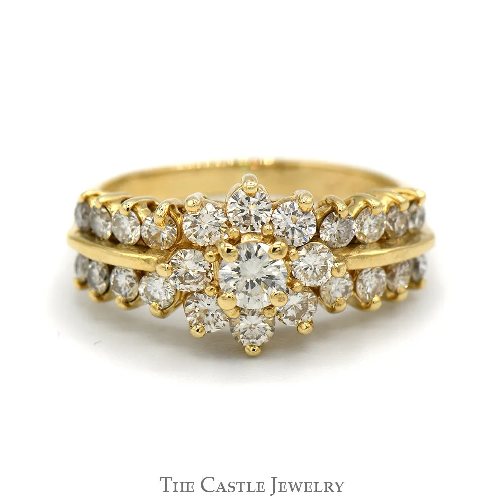 1.25cttw Flower Shaped Diamond Cluster Ring with Diamond Accented Sides in 14k Yellow Gold