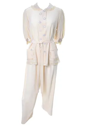 1940s France Saks Fifth Avenue Soie Ivory Silk Pajamas Lace Embroidery