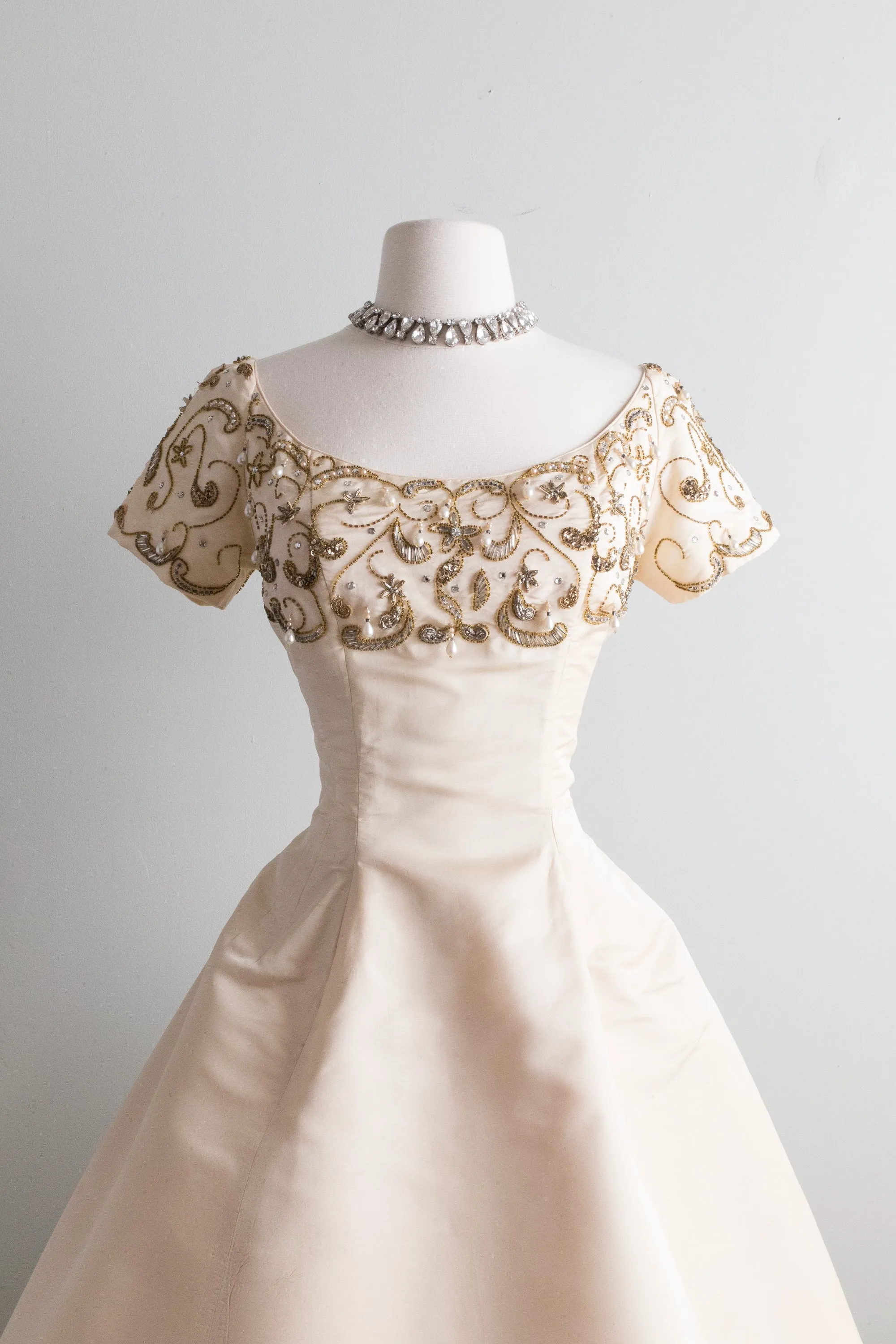 1950's Ivory Peau De Soie Beaded Evening Dress By Ceil Chapman / Waist 26