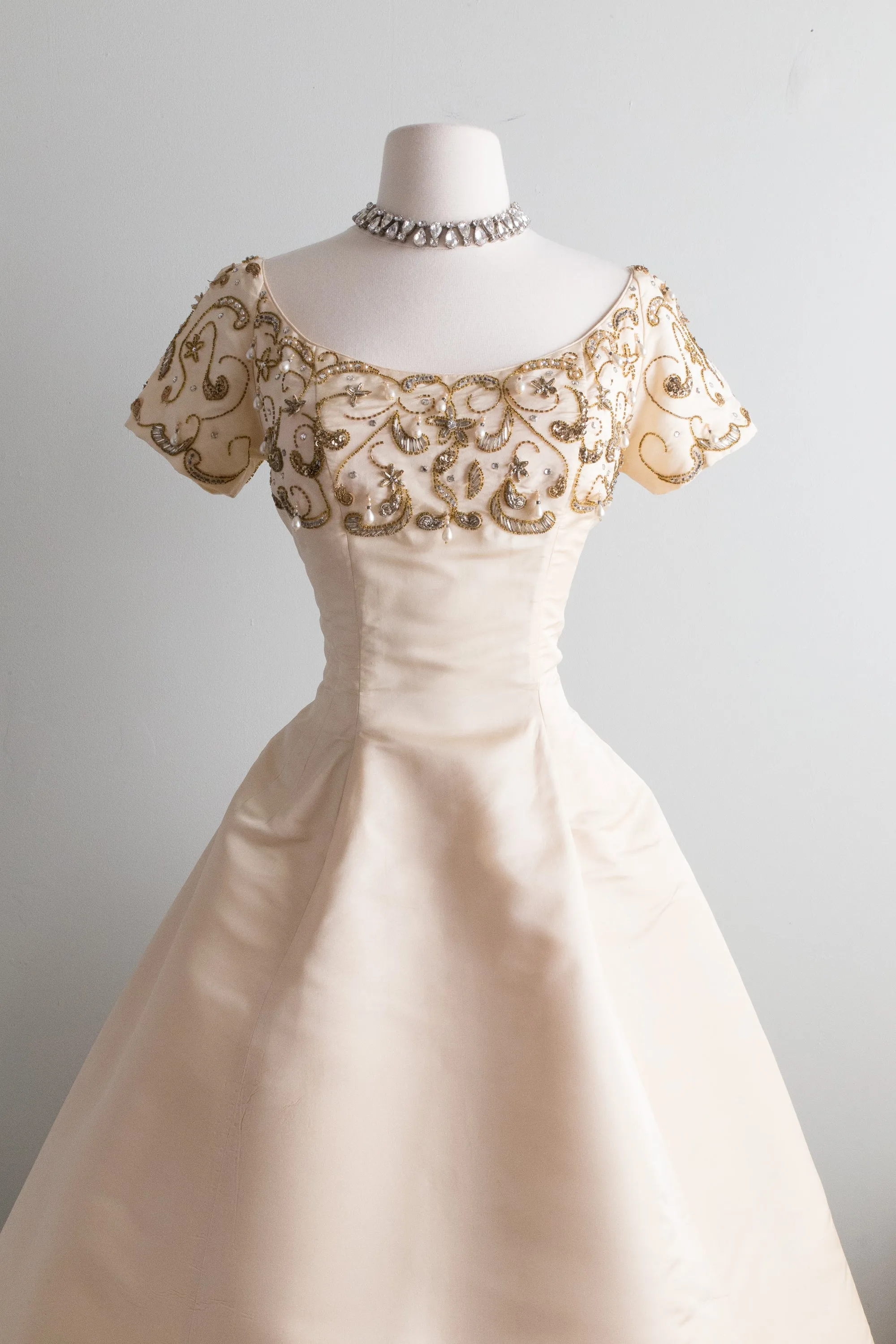 1950's Ivory Peau De Soie Beaded Evening Dress By Ceil Chapman / Waist 26