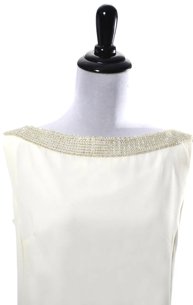 1960's Maison Mendessolle Vintage Ivory Shift Cocktail Dress with Rhinestones