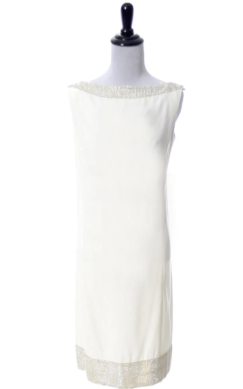 1960's Maison Mendessolle Vintage Ivory Shift Cocktail Dress with Rhinestones