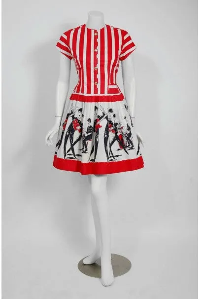 1965 Beatles Memorabilia Novelty Print Striped Cotton Belted Full Skirt Dress