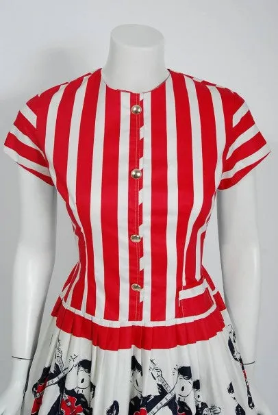 1965 Beatles Memorabilia Novelty Print Striped Cotton Belted Full Skirt Dress