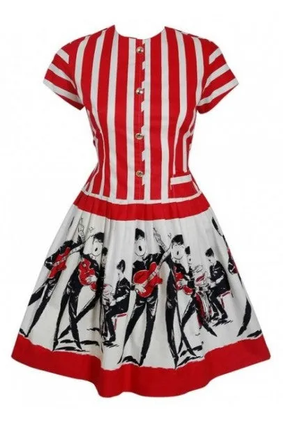 1965 Beatles Memorabilia Novelty Print Striped Cotton Belted Full Skirt Dress