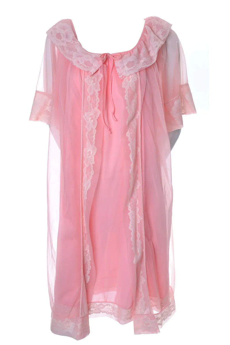 1970's Vintage Pink Peignoir Robe and Nightgown Set With Lace Trim