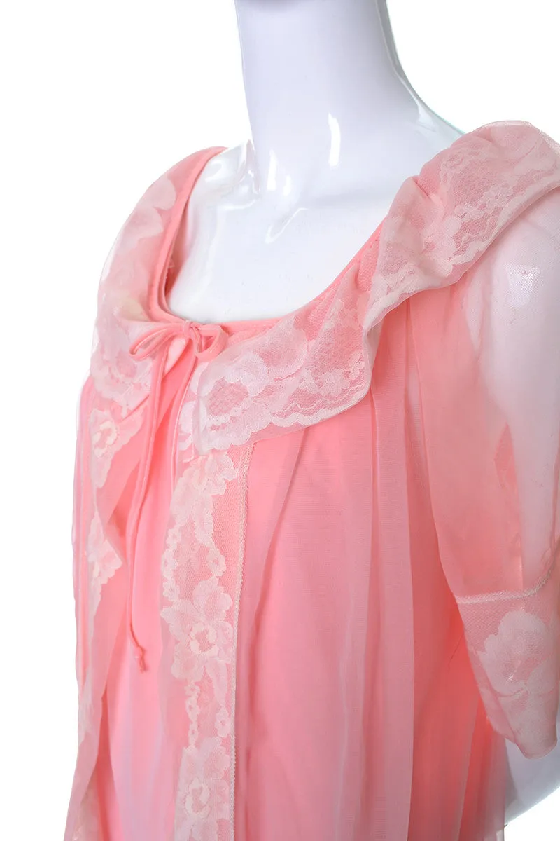 1970's Vintage Pink Peignoir Robe and Nightgown Set With Lace Trim