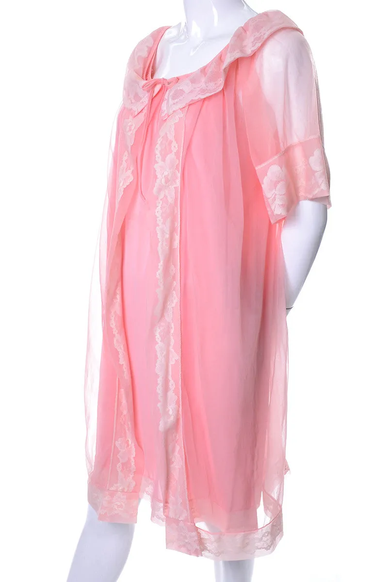 1970's Vintage Pink Peignoir Robe and Nightgown Set With Lace Trim