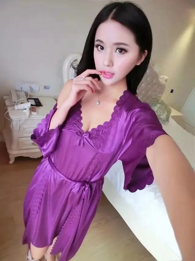 2 Pcs Satin Short Night Dress & Full Sleeves Robe - Peach