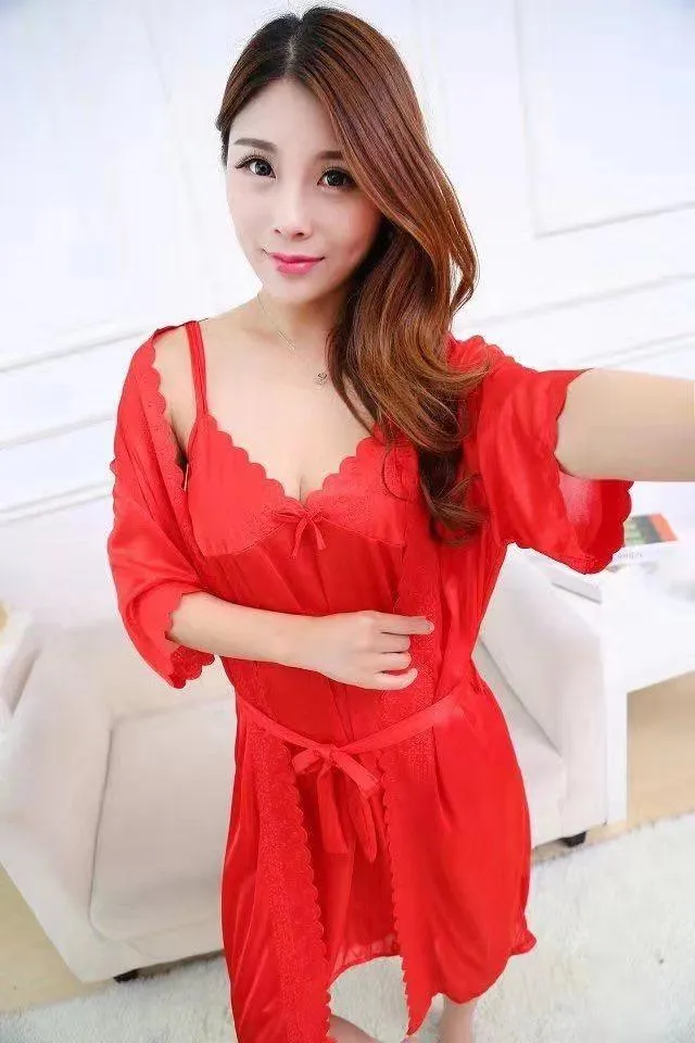 2 Pcs Satin Short Night Dress & Full Sleeves Robe - Peach