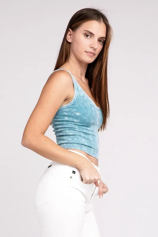 2 Way Neckline Washed Ribbed Cropped Tank Top