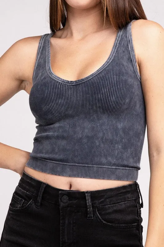 2 Way Neckline Washed Ribbed Cropped Tank Top