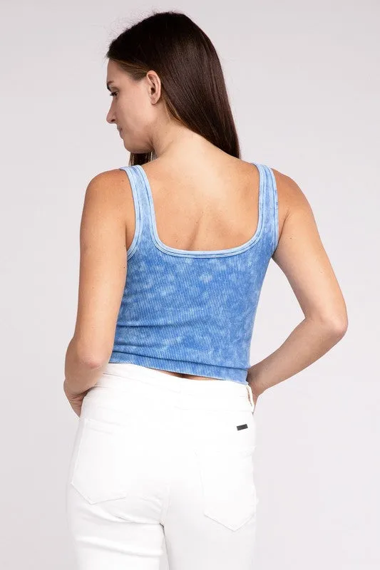 2 Way Neckline Washed Ribbed Cropped Tank Top