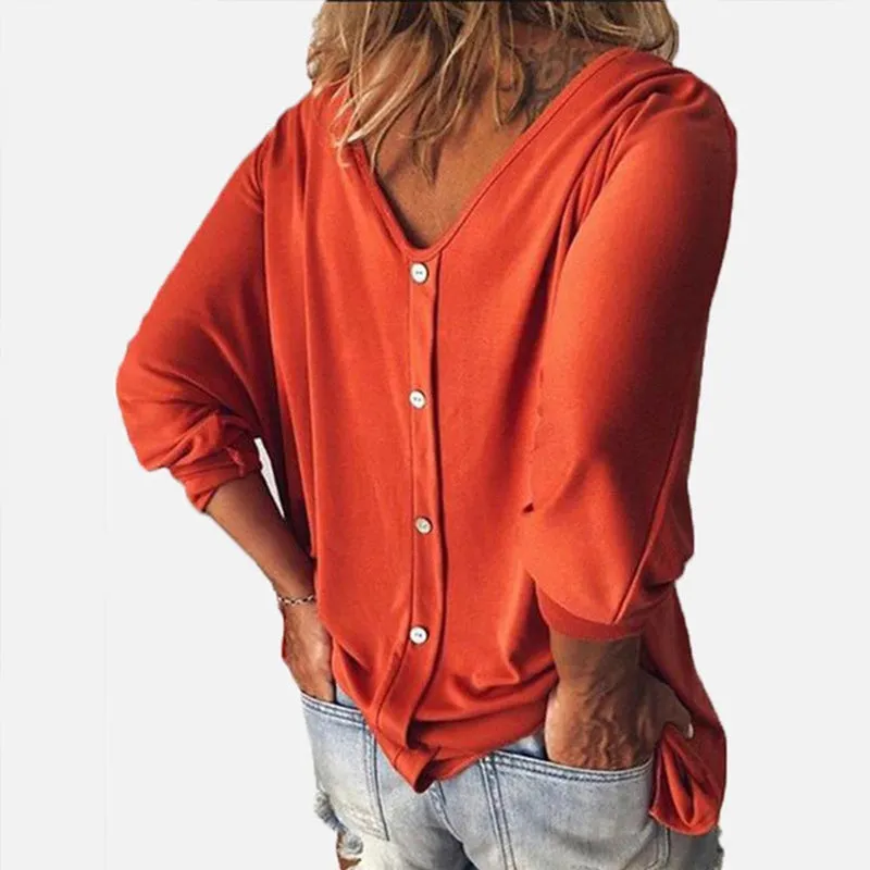 3/4 Sleeve Back Buttons V Neck Tops