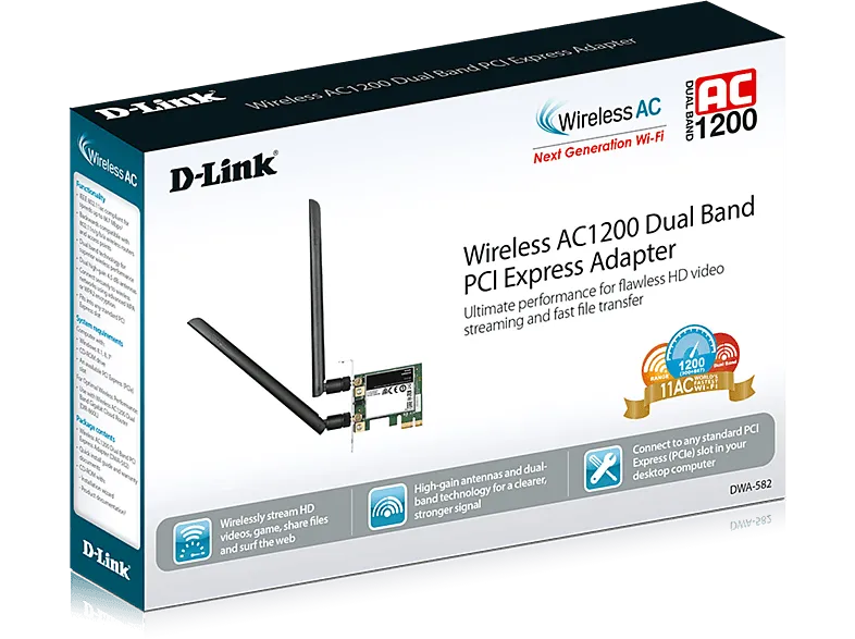 Adaptador Wi-Fi - D-Link DWA-582, WiFi AC1200 PCI-Express, Antenas Alta Ganancia, Compatible Windows, Linux, Negro