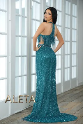 Aleta 662 Long Sequin Fringe Formal Prom Dress Bright Teal