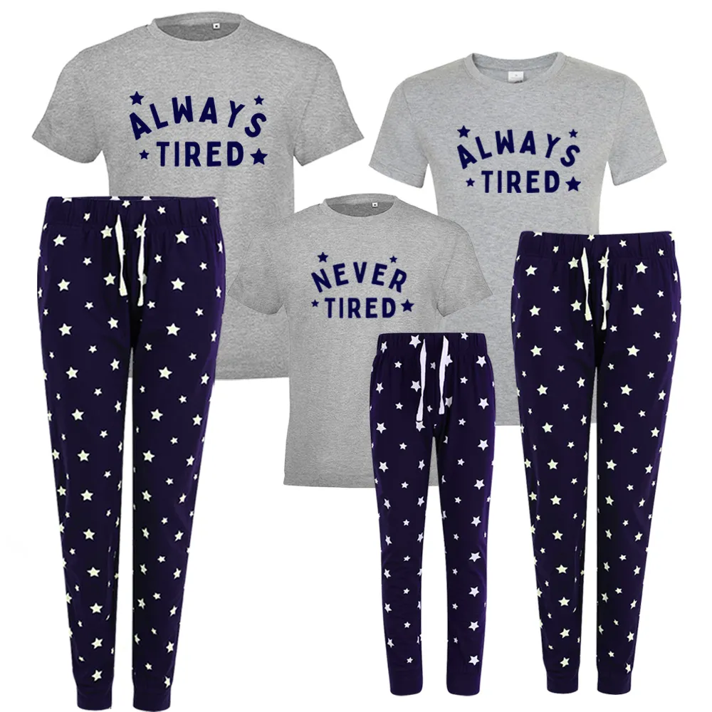 Always Tired/Never Tired Family Matching Star Pyjamas - Grey/Navy