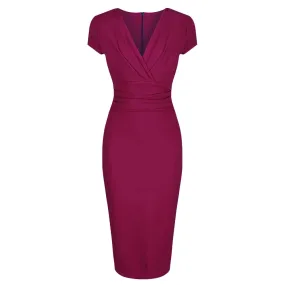 Amaranth Deep V Cap Sleeve Bodycon Ruched Waist Wiggle Dress