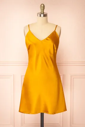 Ariadne | Short Golden Satin Dress w/ Open Back