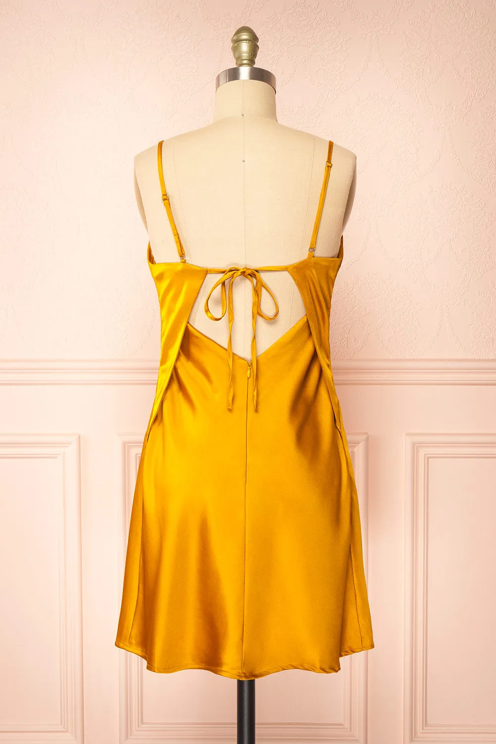 Ariadne | Short Golden Satin Dress w/ Open Back