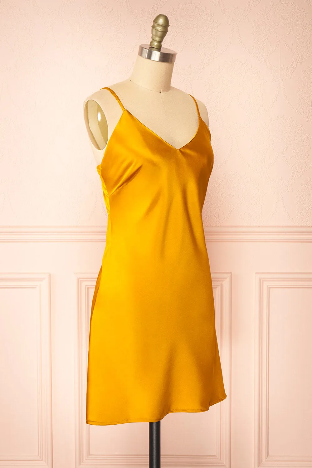 Ariadne | Short Golden Satin Dress w/ Open Back