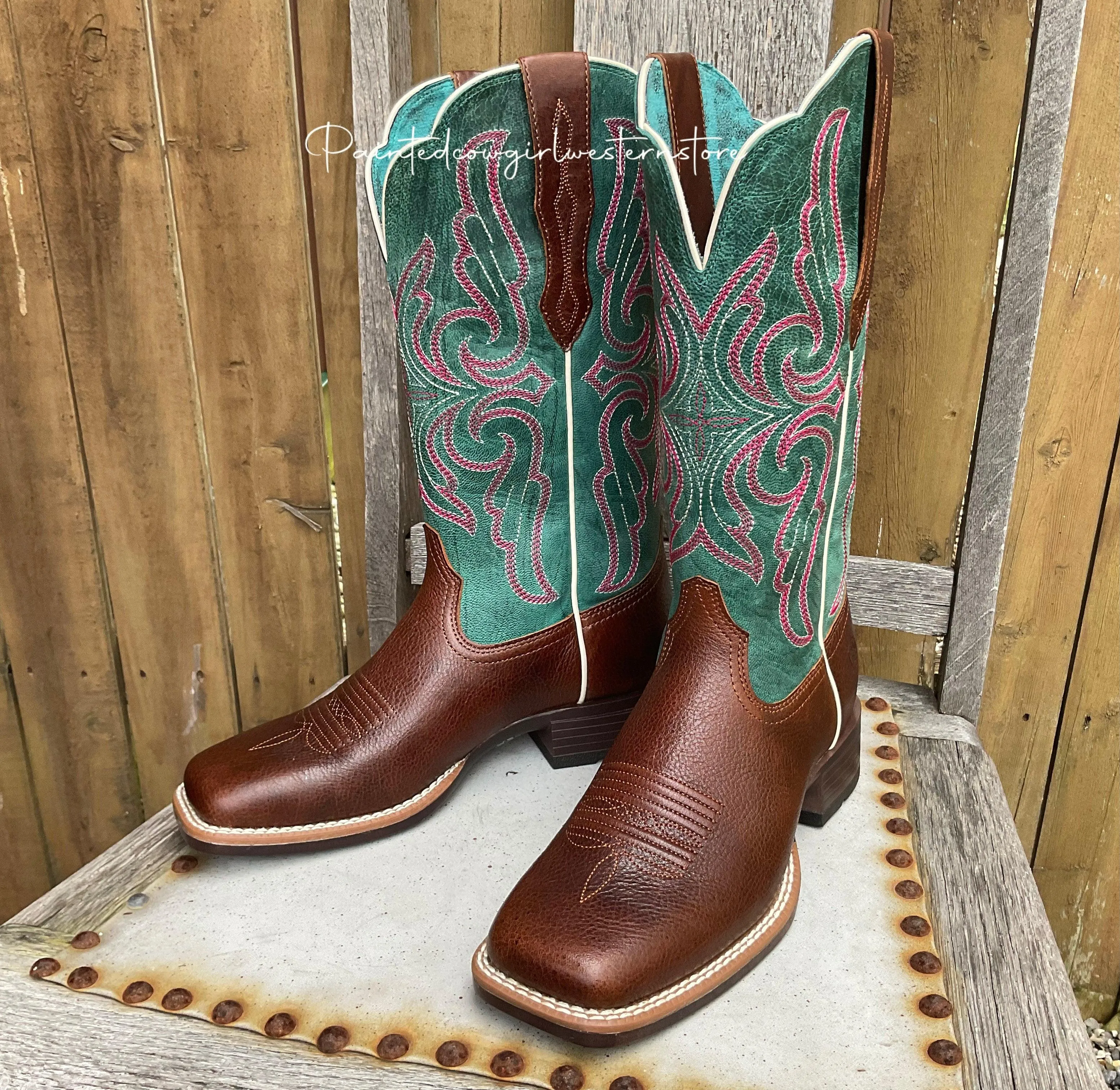 Ariat Women's Primera StretchFit Brown & Teal Square Toe Cowgirl Boots 10038303