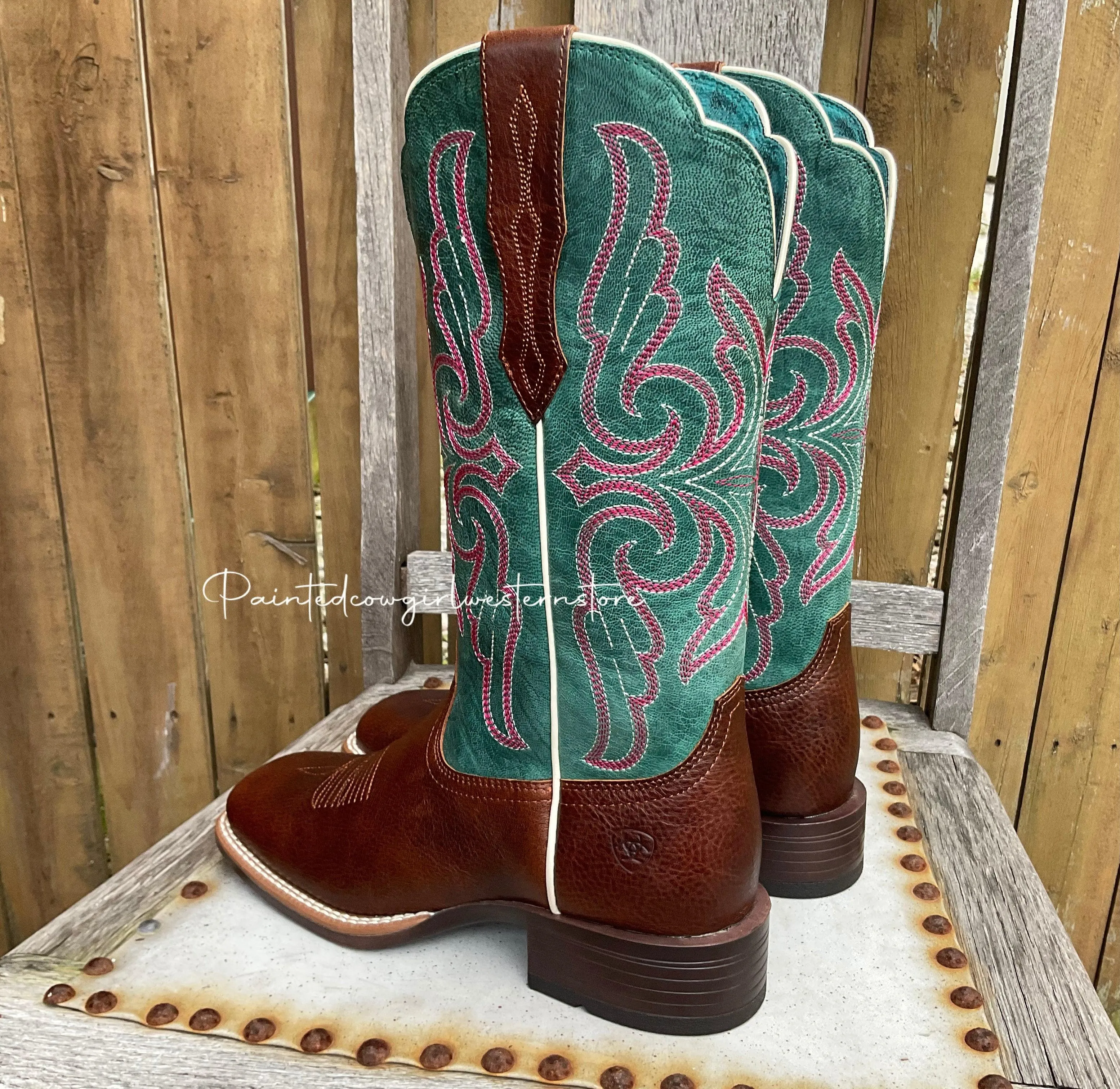 Ariat Women's Primera StretchFit Brown & Teal Square Toe Cowgirl Boots 10038303