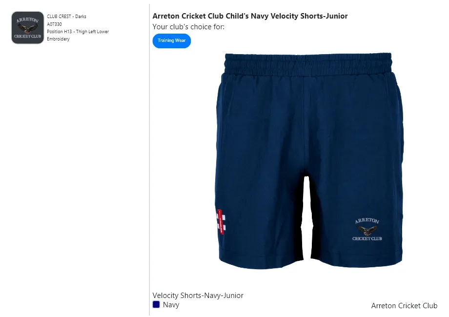 Arreton Cricket Club Child's Navy Velocity Shorts-Junior