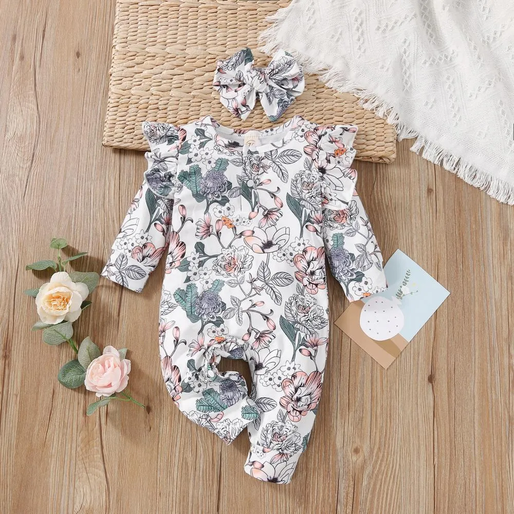 Autumn White Girl Cotton Long-sleeved Romper Flying-sleeve Jumpsuit Baby Girl Clothes In Bulk