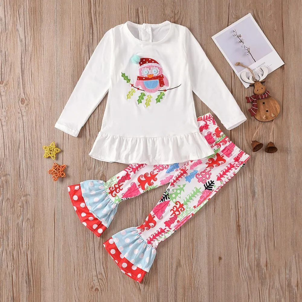 Autumn/Winter Christmas Owl Embroidered Christmas Tree Dot Flared Pants Two-Piece Girls Suit Wholesale