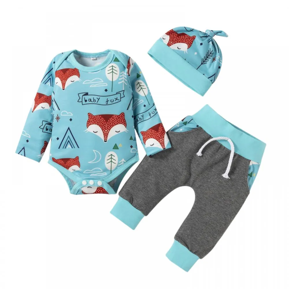 Baby Autumn Fox Print Romper Grey Pants Three Piece Wholesale Boys Clothes