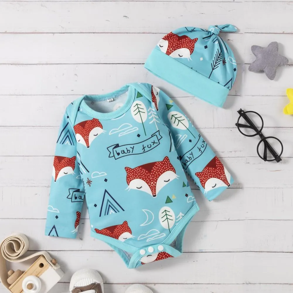 Baby Autumn Fox Print Romper Grey Pants Three Piece Wholesale Boys Clothes