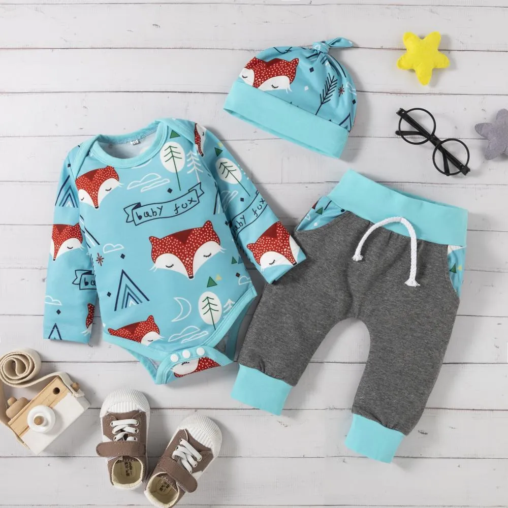 Baby Autumn Fox Print Romper Grey Pants Three Piece Wholesale Boys Clothes