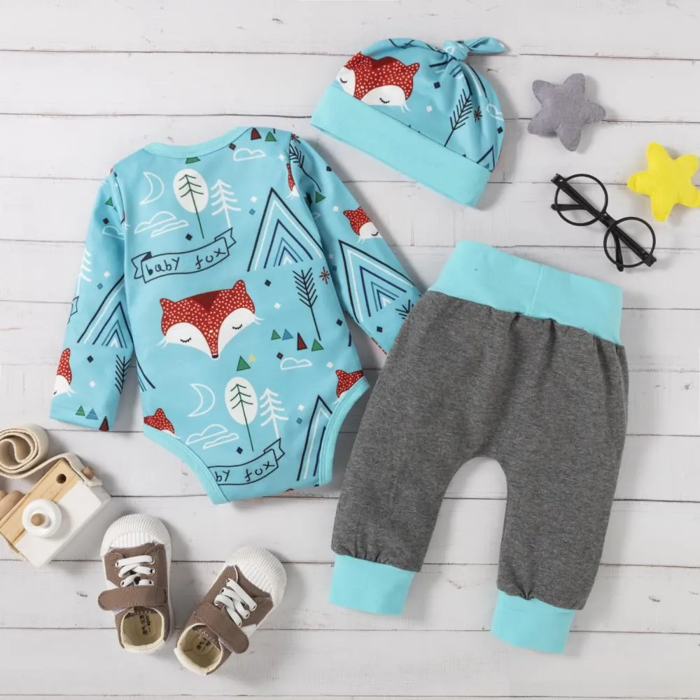 Baby Autumn Fox Print Romper Grey Pants Three Piece Wholesale Boys Clothes