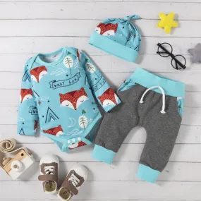 Baby Autumn Fox Print Romper Grey Pants Three Piece Wholesale Boys Clothes