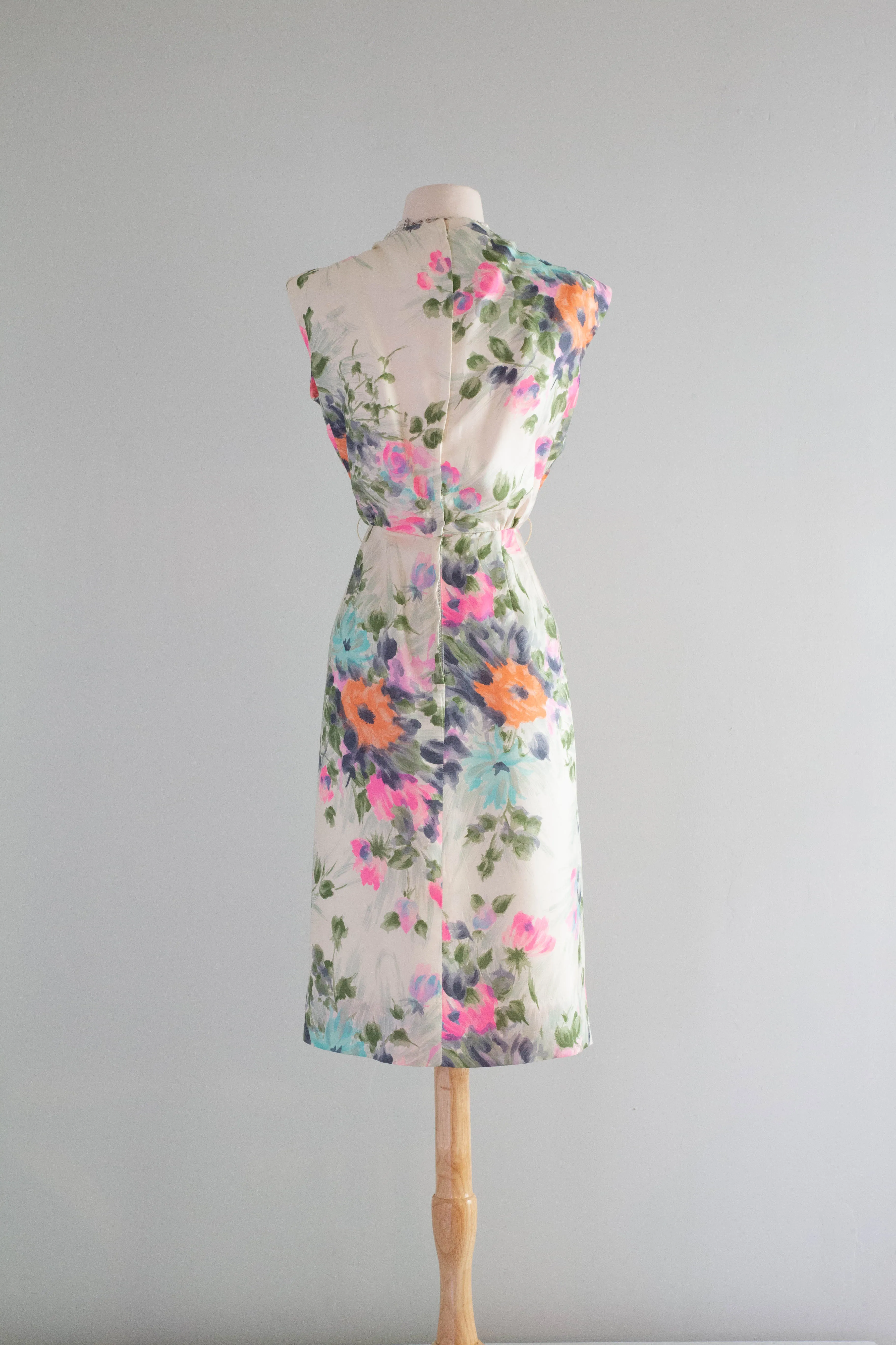 Beautiful 1950's Silk Watercolor Floral Print Cocktail Dress / Medium