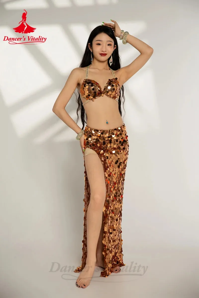 Belly Dance Costume Set for Women Big Sequins Bra split Long Skirt 2pcs Girl's Oriental Belly Dancing Performance Costume Suit