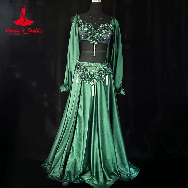 Belly Dance Performance Costume Set for Women Customsized Long Sleeves Bra satin Long Skirt 2pcs Adult Children Bellydance Suit