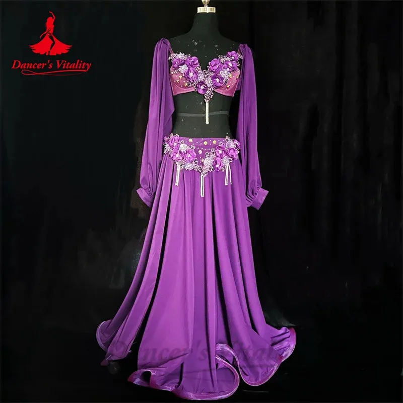 Belly Dance Performance Costume Set for Women Customsized Long Sleeves Bra satin Long Skirt 2pcs Adult Children Bellydance Suit