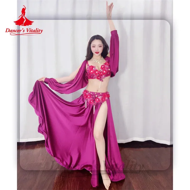 Belly Dance Performance Costume Set for Women Customsized Long Sleeves Bra satin Long Skirt 2pcs Adult Children Bellydance Suit