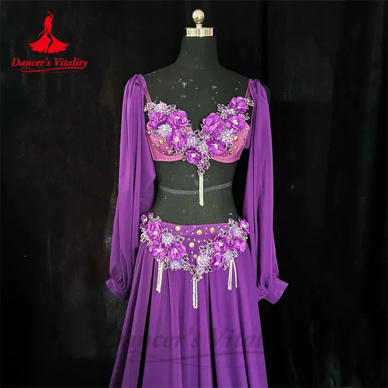 Belly Dance Performance Costume Set for Women Customsized Long Sleeves Bra satin Long Skirt 2pcs Adult Children Bellydance Suit