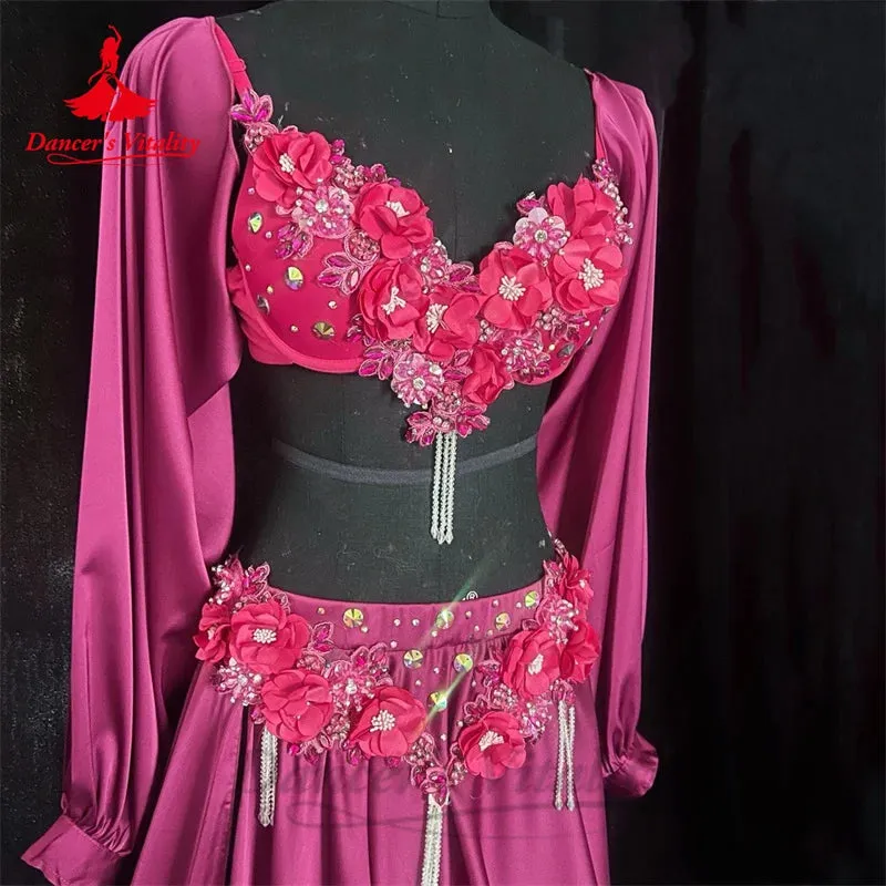 Belly Dance Performance Costume Set for Women Customsized Long Sleeves Bra satin Long Skirt 2pcs Adult Children Bellydance Suit