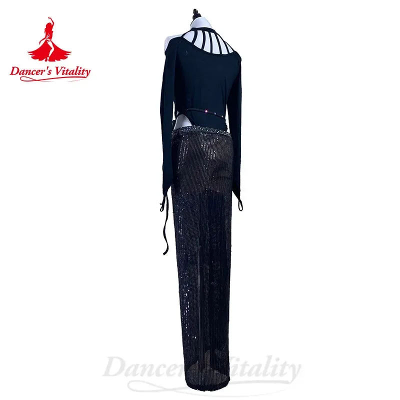 BellyDance Costume Customized Long Sleeved Pure Cotton Top Rhinestone Sequin Long Skirt 2pcs Oriental Dance Performance Costumes