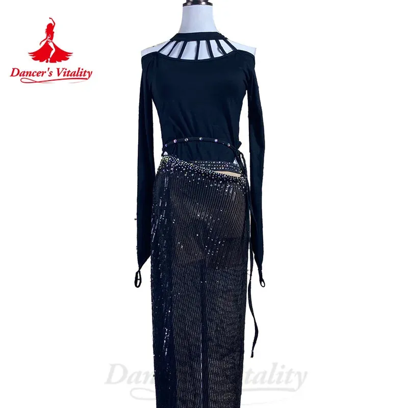 BellyDance Costume Customized Long Sleeved Pure Cotton Top Rhinestone Sequin Long Skirt 2pcs Oriental Dance Performance Costumes