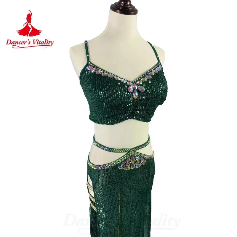 BellyDance Costume Suit Light Luxury Rhinestone Top sequin Split Long Skirt 2ps Oriental Dance Professional Performance Clothing