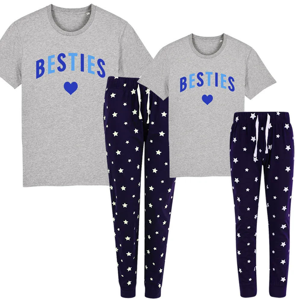 Besties Love Hearts Matching Navy/Grey Star Pyjamas